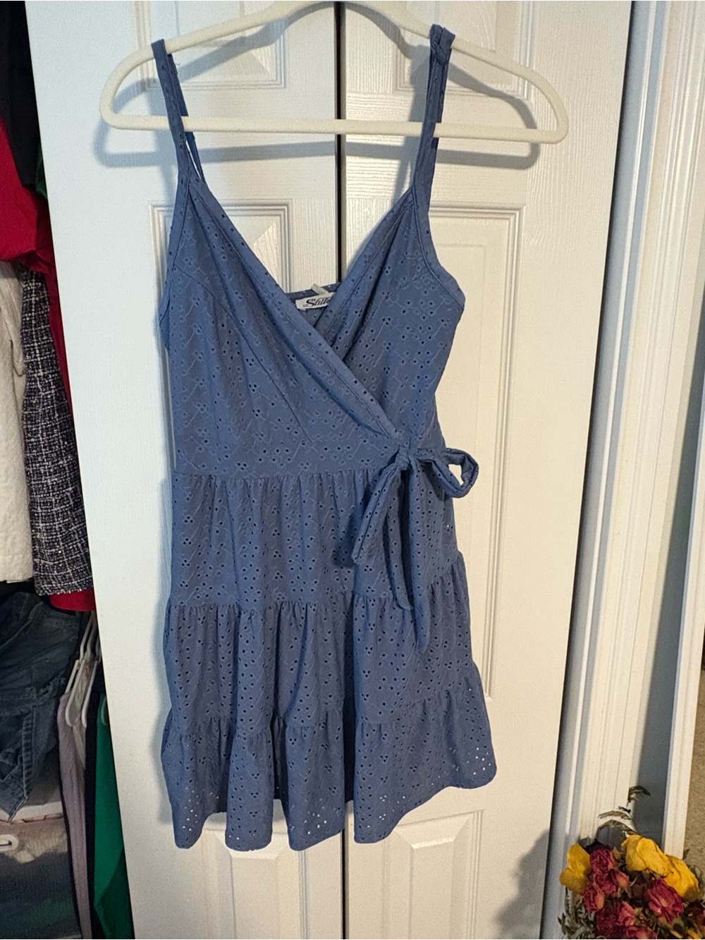 Blue Eyelet Wrap Tiered Mini Dress with Tie Waist